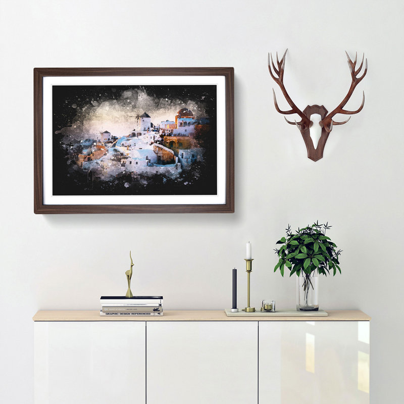 Oia Santorini Skyline in Greece - Picture Frame Graphic Art Print, 45cm H x 63cm W x 2cm D, Walnut Framed
