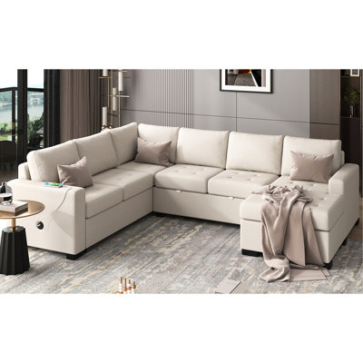 Ustyle Sectional With Pull-Out Bed And Lounge Chair. & Type-C Ports Available. Chenille Fabric Cover. Cushions Filled Cotton. For Living Room Office Use. Elegant Design. 7-9 Seating Capacity. Beige .