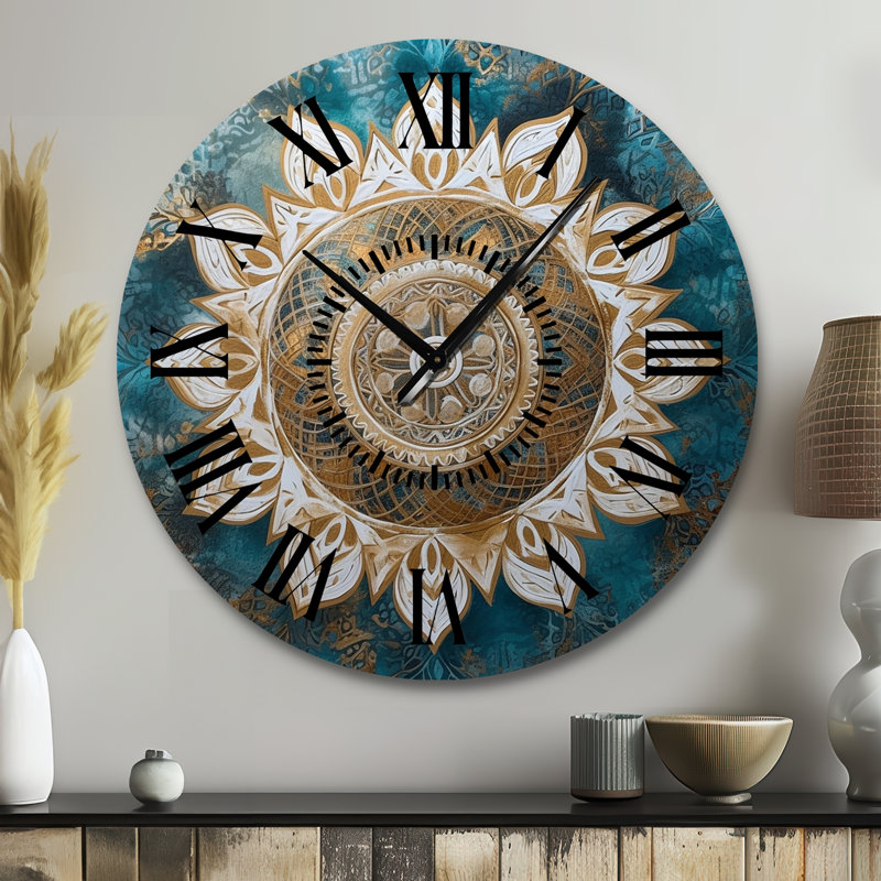 Horloge murale sarcelle et or Mandala II - Boho Mandala, Grand