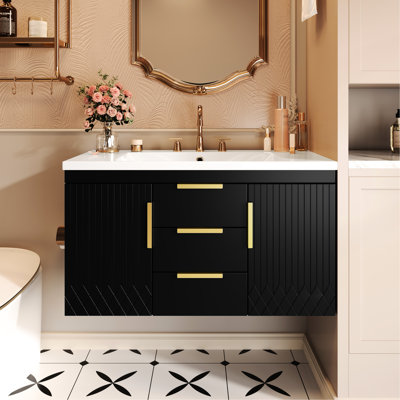 Meuble-lavabo mural avec lavabo sous comptoir en résine de 36 po, 2 tiroirs, finition imperméable, meuble-lavabo à structure, lavabo à armoire flottante, poignées rouille, glissière lisse