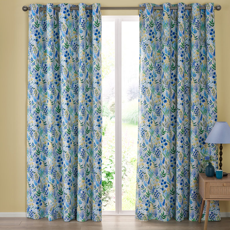 Tilly Floral Fully Reversible Eyelet Curtains, Blue