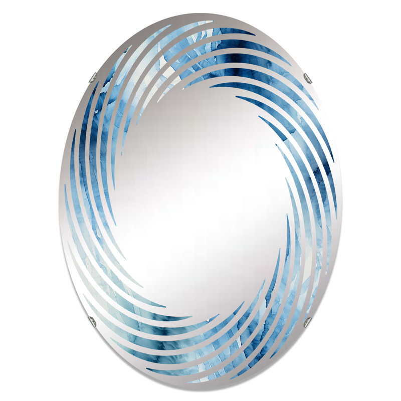 Bleu et blanc Shibori Marble Ink II - miroir mural spirale ovale, L 24 po x H 36 po