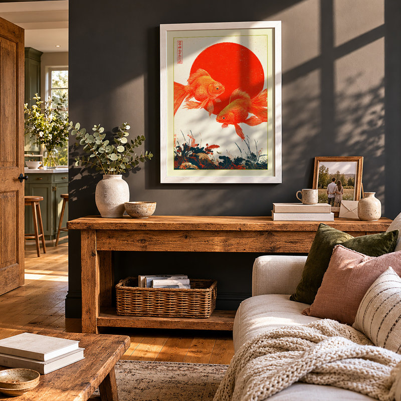 Goldfish and Moon Japandi 1 Piece Single Picture Frame Wall Art, A1 - 84.1 x 59.4 cm, White
