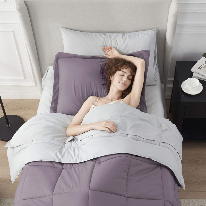 Ensemble d'édredon réversible avec draps Bed-in-a-bag, Mauve gris, Édredon simple + 5 pièces supplémentaires