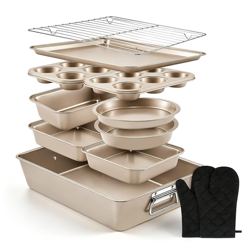 13 PCS Nonstick Bakeware Set,Carbon Steel Baking Pans Set with Dual Handles, Includes Roasting Pan, Pizza Pan, Cookie Sheet, Cake Pans, Muffin Pans, Cooling Rack, Oven Mitts (Champagne Gold)