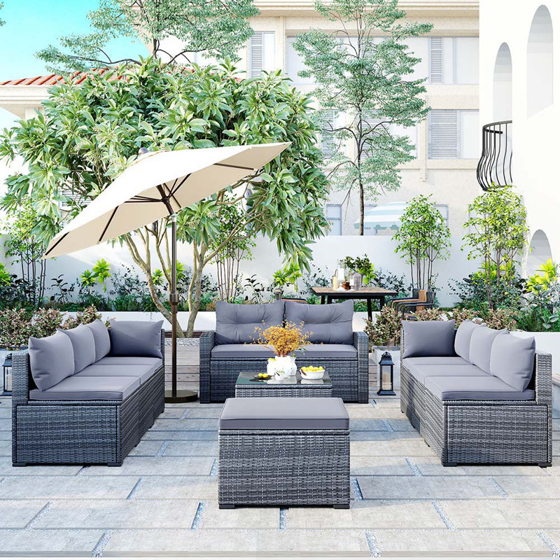 7 - Person Patio Conversation Set with Cushions, Gray, Gray