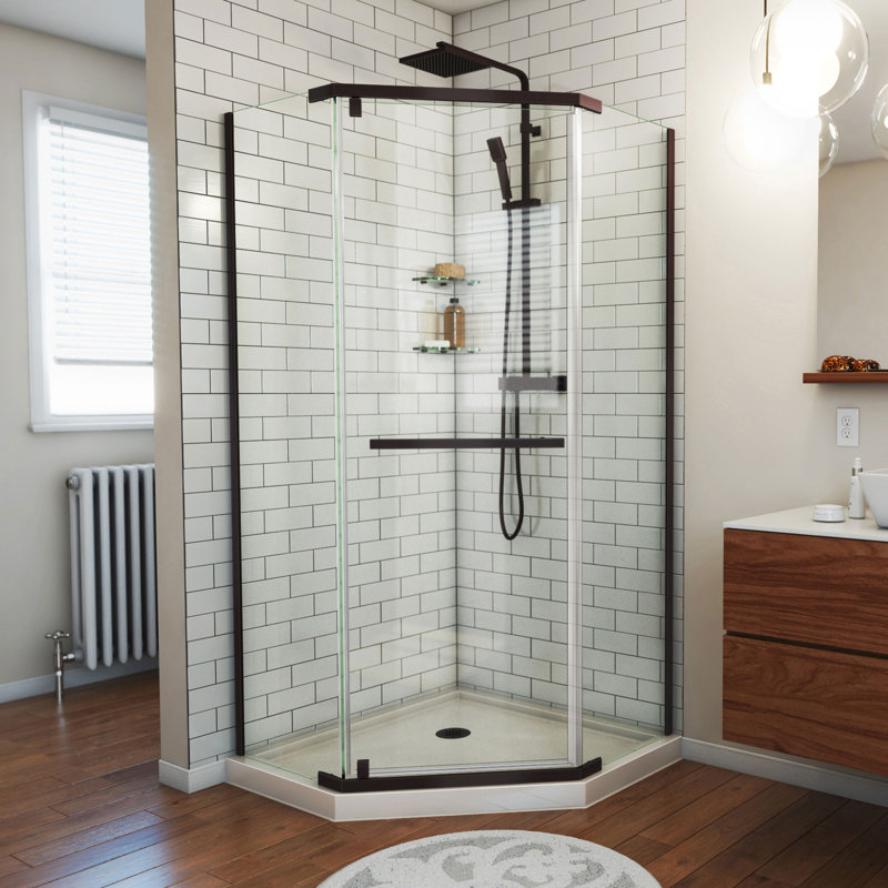 Prism 38" W x 38" D x 74.75" H Frameless Neo-Angle Reversible Shower Kit with Towel Bar and Base Included, Oil Rubbed Bronze