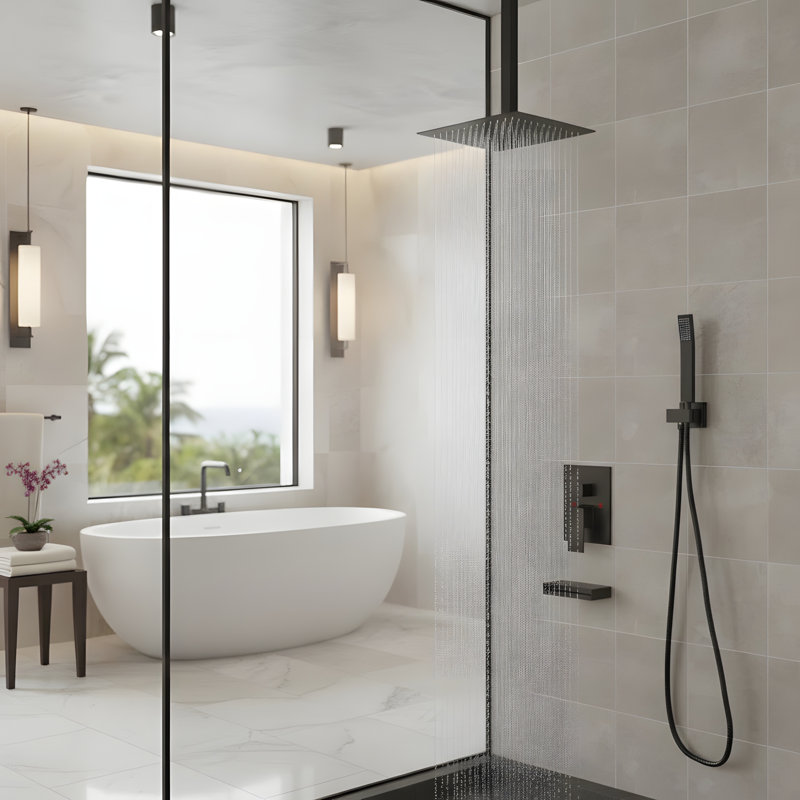 12 Inch Wall Mounted Square Shower System  with Waterfall Tub Spout and Hand Shower, Oil-Rubbed Bronze
