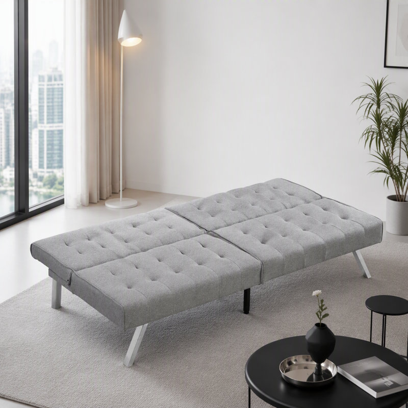Canapé-lit futon polyvalent avec structure en bois robuste et pieds élégants en acier inoxydable