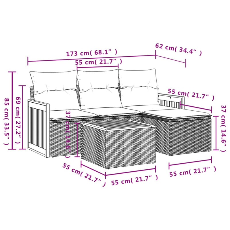  Ensemble de canapé de patio 5 pièces avec coussins en rotin de polyester noir