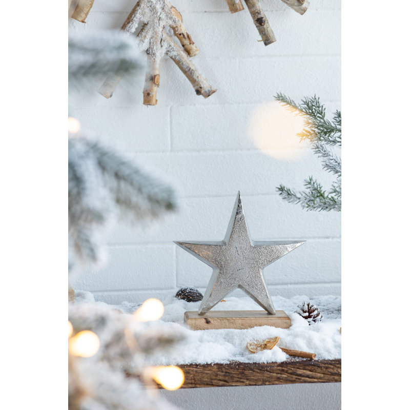 Aluminum Star on Mango Wood Base - 8" x 2.5" x 8" - Silver, Brown