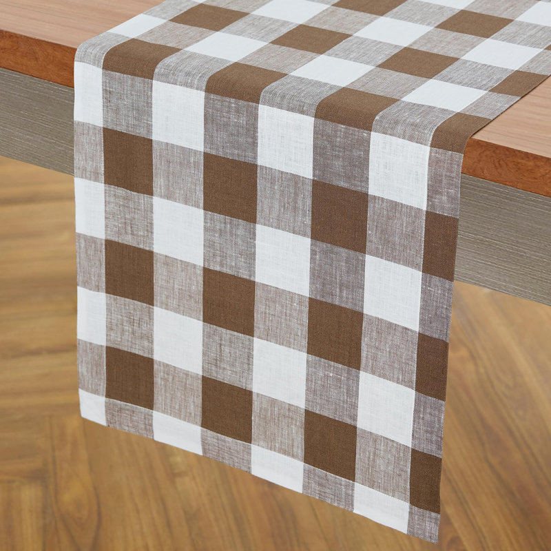 Buffalo Check - 100% Pure Linen Table Runner, 120" x 14", Coco Brown/White
