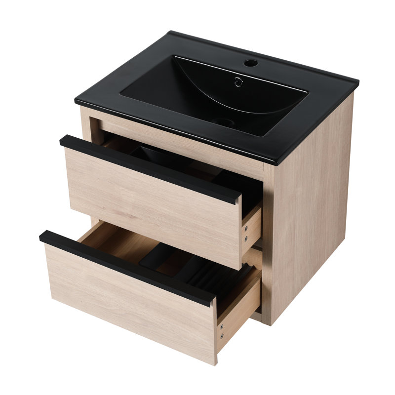 Meuble-lavabo 24 po avec lavabo en céramique noire et 2 tiroirs à fermeture douce