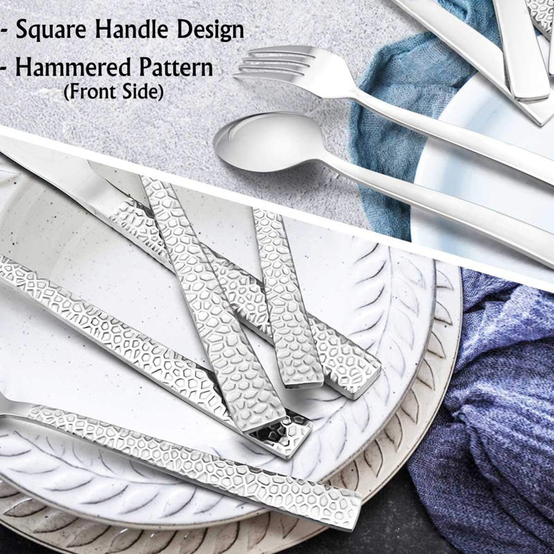 10-Piece Hammered Silverware Set, Stainless Steel Square Flatware Set Service for 2