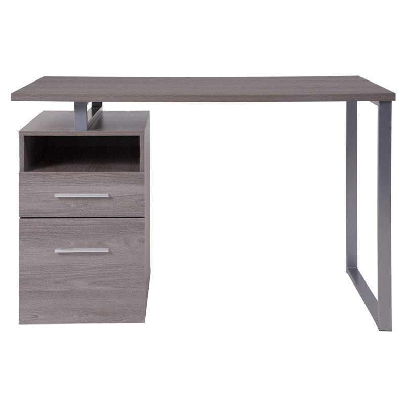 Light Ash Wood Computer Desk with Drawer and Silver Frame
