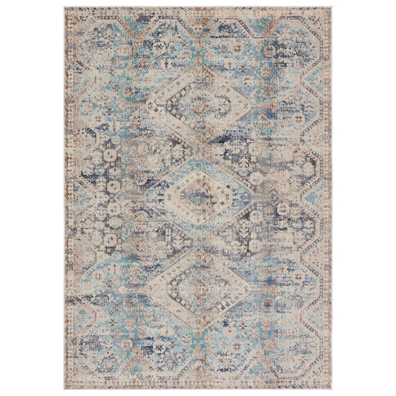 Tapis floral bleu / gris en polypropylène tissé à la machine, Rectangle 9 pi x 12 pi