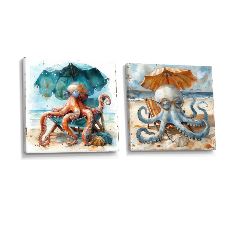 Pieuvre sur la plage à Hawaï I - décoration murale pieuvre / calmar - art mural moderne 2 pièces, H 36 po x l 73 po