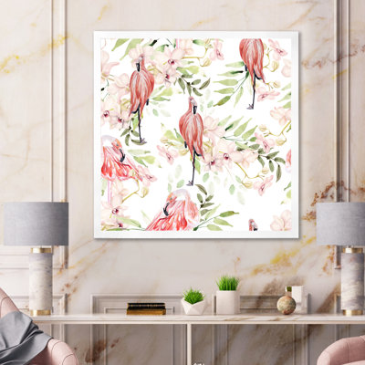 Motif lumineux avec des fleurs de feuilles, oiseau flamant rose - peinture sur toile