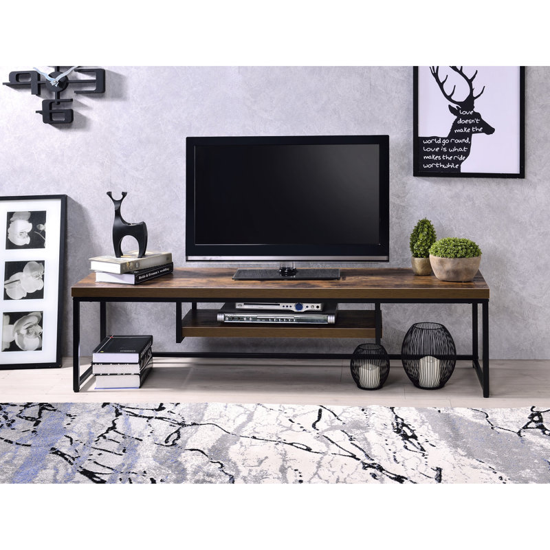 Weathered Oak Tv Stand With Black Metal Base, For 60" Flat Screen Tvs, Interior Sleek Style & Modern Design