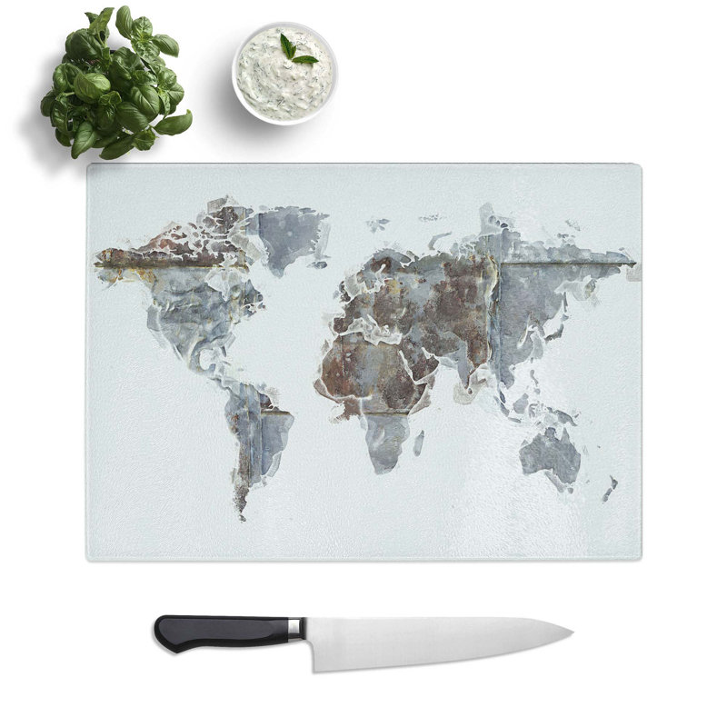 Tempered Glass Rusted World Map Chopping Board, 39 cm W x 28.5 cm L