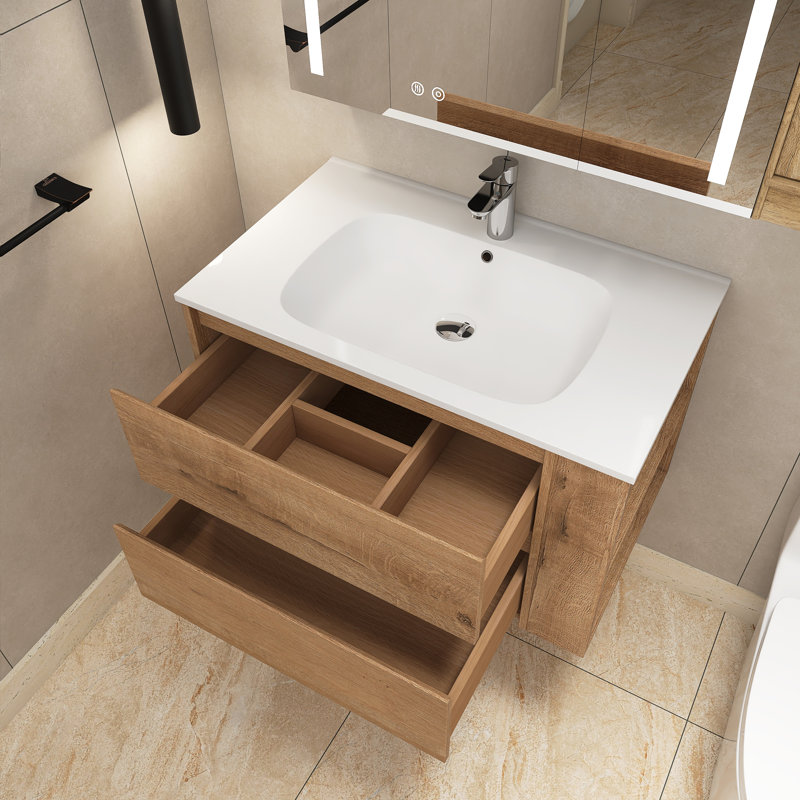 Meuble-lavabo simple 30 po avec plateau en acrylique Sagen, Imitation chêne