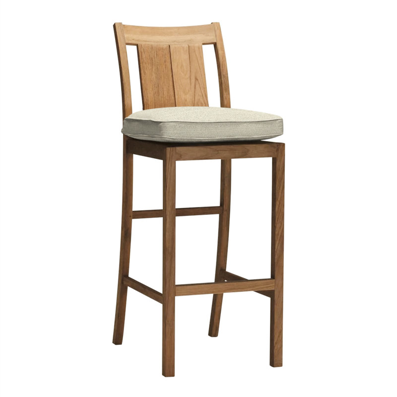 Croquet 24.5" Patio Bar Stool with Cushion, Welt, Natural Teak, Indigo Velvet