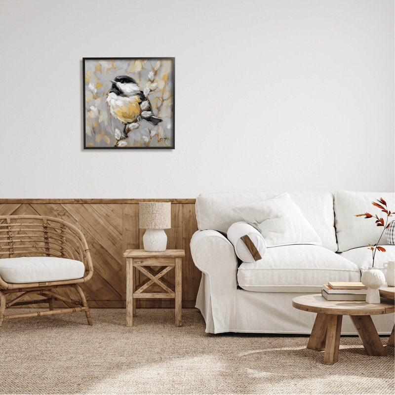 Oiseau perché avec saule, Giclée encadrée noir minuit, H 24 po x l 24 po x P 1,5 po