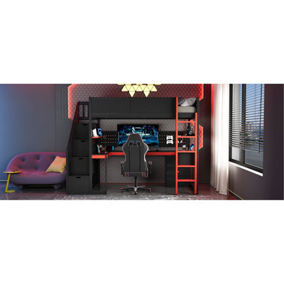 Lit simple mezzanine en bois noir et rouge avec escalier de rangement, bureau, tablettes, idéal pour les chambres à coucher, les tablettes et les amateurs