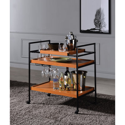 Adjustable Honey Oak & Black Serving Table, Stemware Rack Included, 3 Open Storage Compartments, 4 Wheels For Easy Movement, Strong Metal Frame, Dinin by Latitude Run