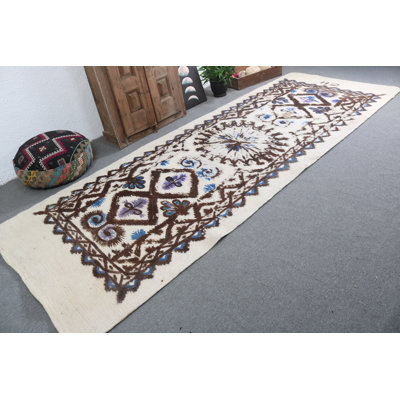 Handwoven Turkish Runner Rug in Beige with Vintage Wool and Unique Pattern Designs