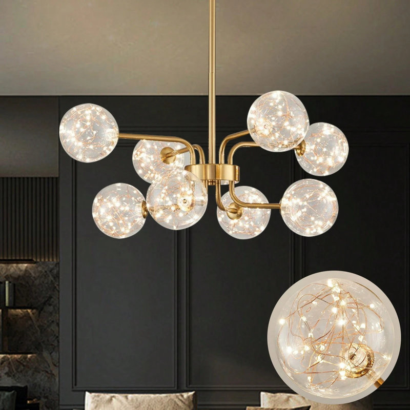 Lustre de plafond 8 lumières Spoutnik avec abat-jour en verre - Luminaire suspendu moderne pour la salle à manger, la cuisine, le salon et la chambre à coucher