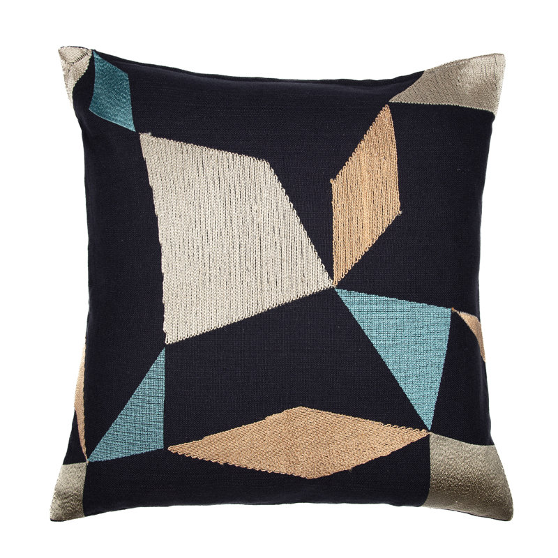 Blue Ivory Beige Embroidered Cotton Blend Square Throw Pillow