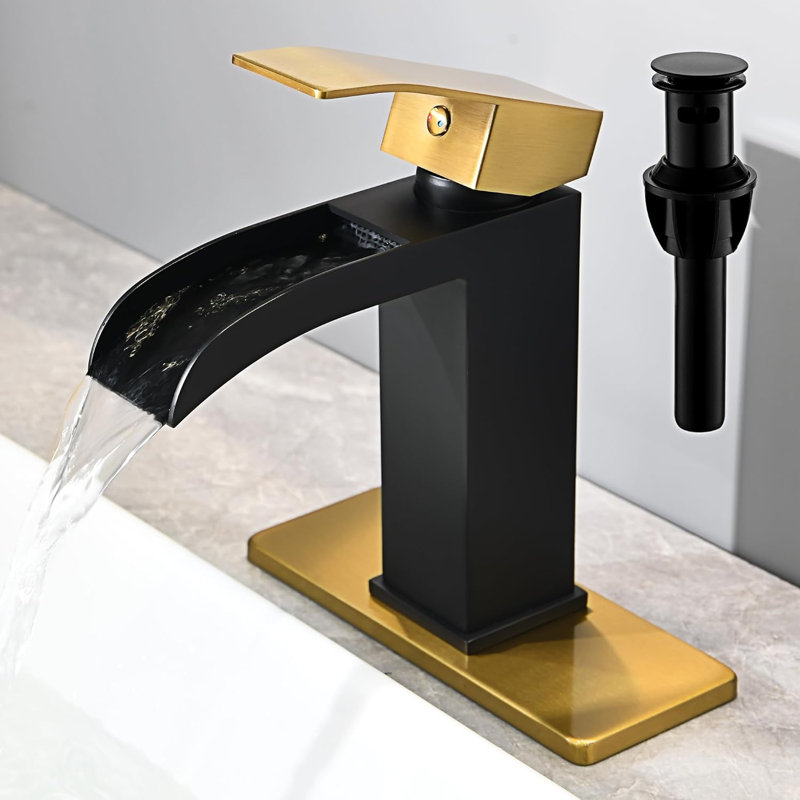 Black and Gold Waterfall Bathroom Faucet - 4In Single Handle Bathroom Sink Faucets 1 or 3 Hole Solid Vanity Faucet with Deck Plate & Overflow Pop Up Drain
