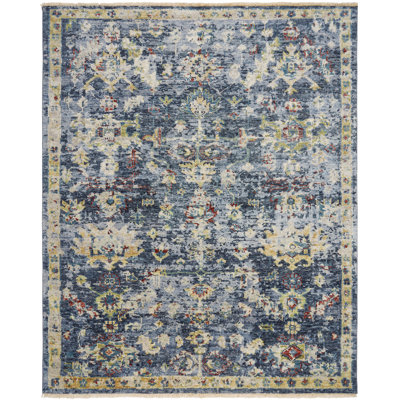 Margaritte Hand Knotted Wool Flroal Area Rug in Blue/Yellow/Gold/Rust/Ivory