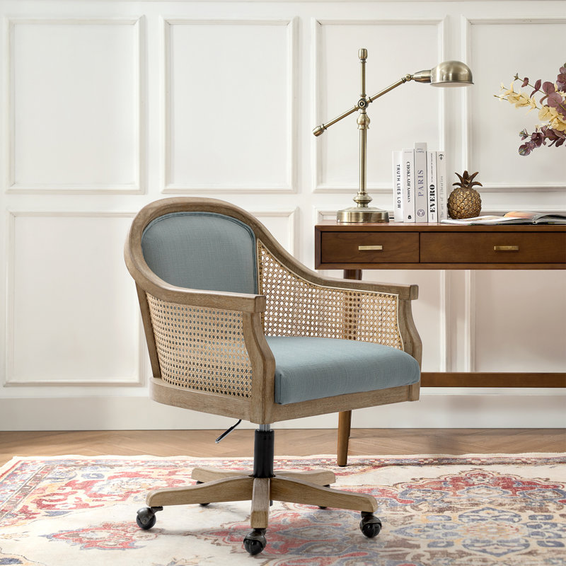 Xaver Swivel Barrel Task Chair with Rattan Arms, Blue