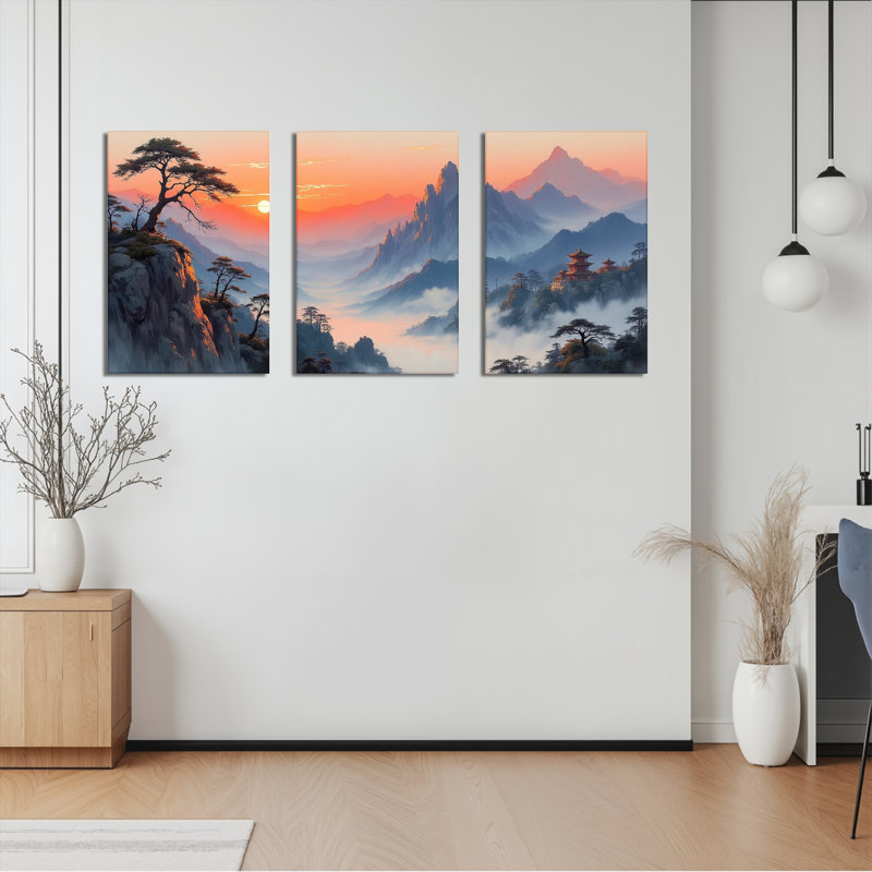 Paysage de montagne coucher de soleil sur toile tendue, reproduction de peinture à l'huile (ensemble de 3), H 18 po x l 36 po