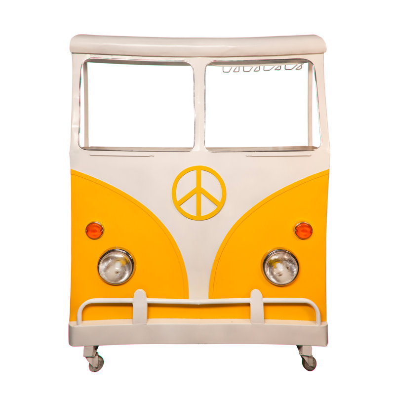 Mango Wood and Iron Bar Cart with Storage and Rolling Wheels, Yellow