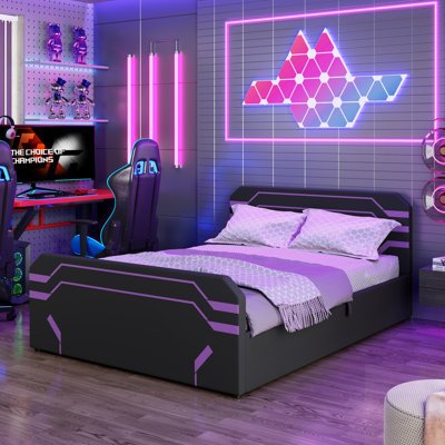Lit de jeu rembourré avec rangement hydraulique à levage latéral, style Cyberpunk pour les joueurs et la génération Z