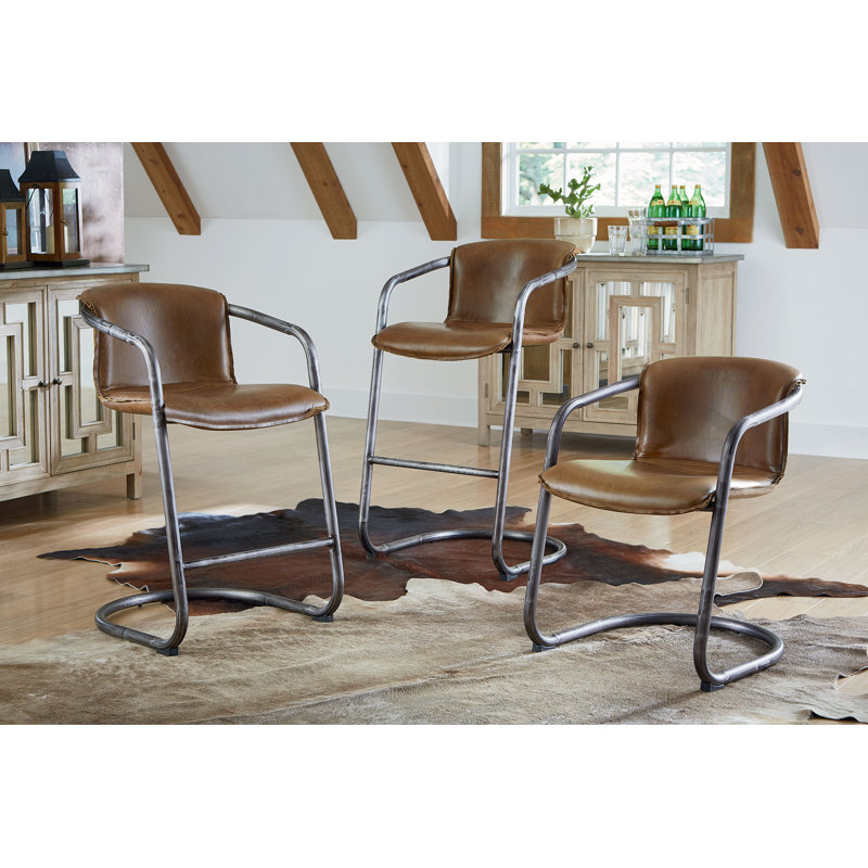 Chiavari Distressed Leather Bar Stool, Counter Stool (26" Seat Height), Chestnut Leather/ Brushed Nickel Frame