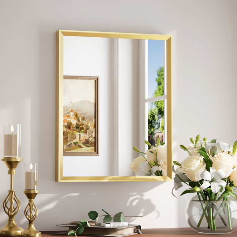 Bathroom Vanity Mirror with Aluminum Frame and Tempered Glass, Brushed Gold, 20" x 16", Rectangle