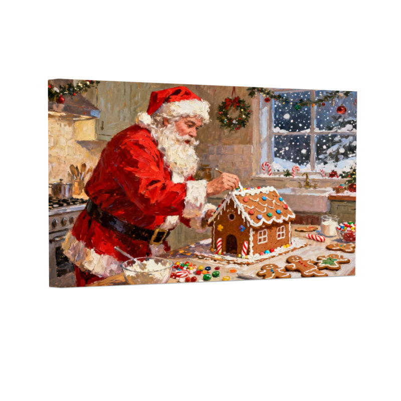 Scène de cuisine de Noël père Noël décorant une maison en pain d'épice, H 12 po x l 18 po