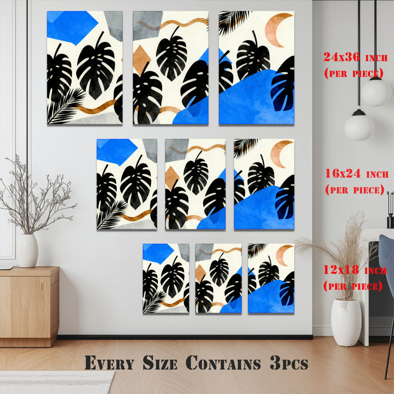 «Tropical Monstera Leaves and Abstract Shapes», art mural tendu sur toile, style bohème moderne (ensemble de 3)