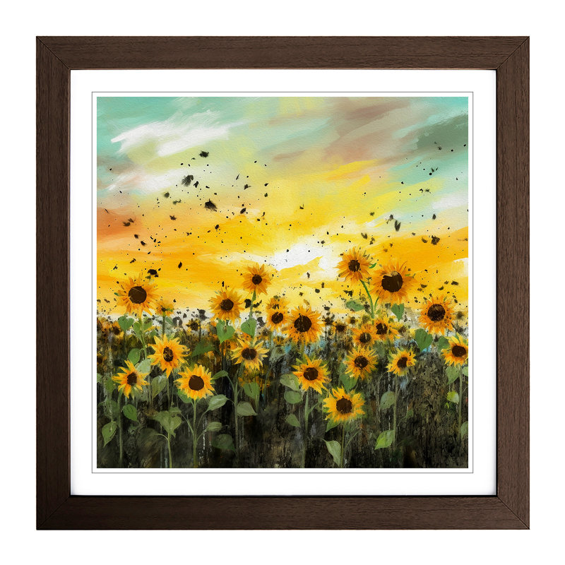 Sunflower Field Splatter Art - Single Picture Frame Print on Wood, Walnut