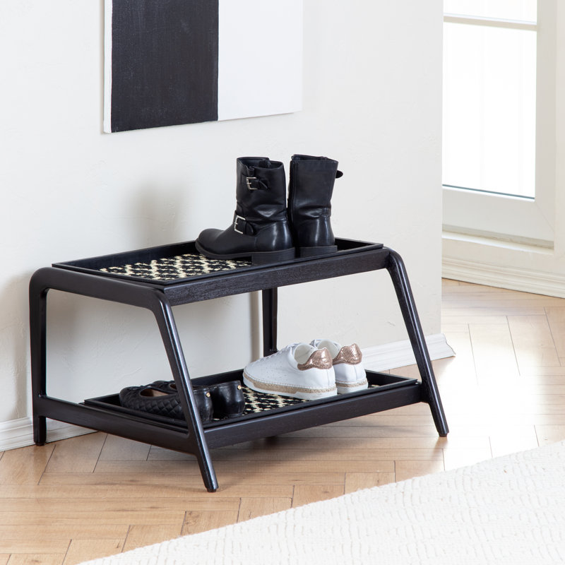 Premium Solid Wood Boot Tray Stand with Natural Coir Mat - Entryway & Mudroom Shoe Organizer, 22" W x 26.5" L, Black, Tier 2