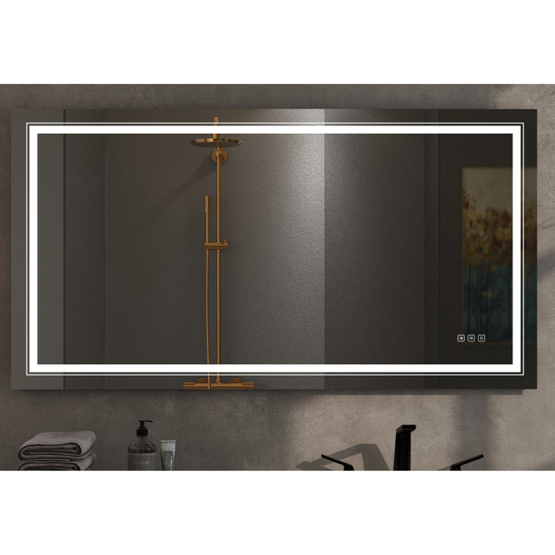 Miroir de salle de bain 60 po x 28 po à DEL - performance de brouillard, altération de la luminosité continue, vue réfléchie, attrait de conception moderne, processus d'installation facile, verre trempé de 5 po de brouillard de 5 po x 28 po, bouton tactile