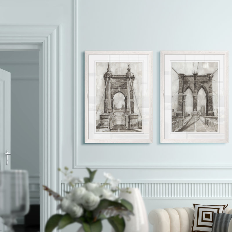 «Bridge Crossing I», ensemble de 2 reproductions d'art encadrées, H 20 po x l 16 po x P 1,25 po, Cadre blanc, Blanc
