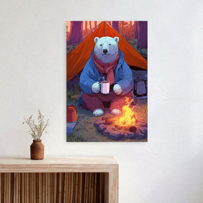 Polar Bear Campfire Coffee Peaceful Abstract Contemporary Bear Autumn Forest Wall Art Print 1 Piece Wrapped Canvas Wall Art
