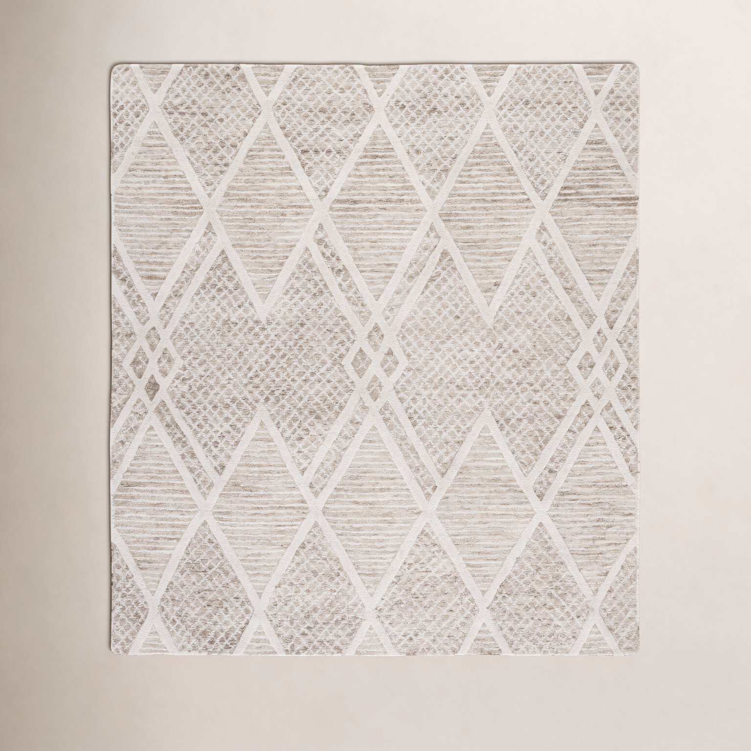 Beige Ivory Hand-Tufted Wool Geometric Rug, Square 6'