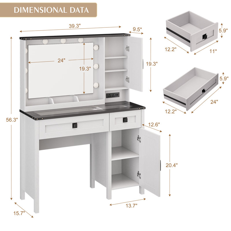 Élégant meuble-lavabo de 39 pouces avec éclairage à DEL réglable et beaucoup de rangement - parfait pour votre routine beauté