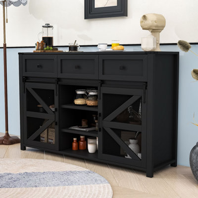 Sliding Barn Door Storage Cabinet - Adjustable Shelves, Drawers, and Industrial Metal Accents